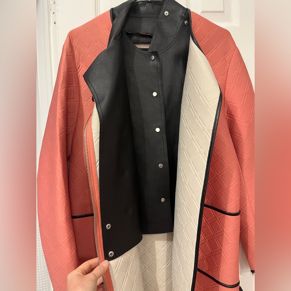 3.1 Phillip Lim Coral and Black Neoprene & Leather Coat - Picture 5 of 13